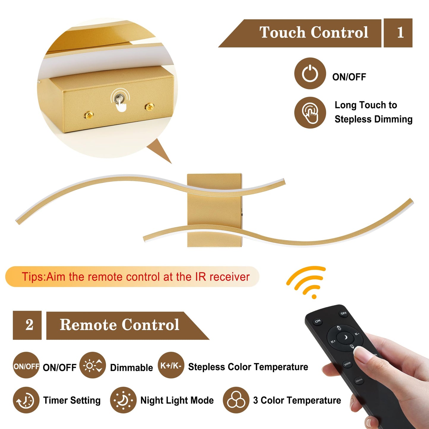 KARTOOSH LED Wall Sconces Set of Two, Remote Control, Dimmable, 31.5 Inch, Gold, Model ZM319BGD80