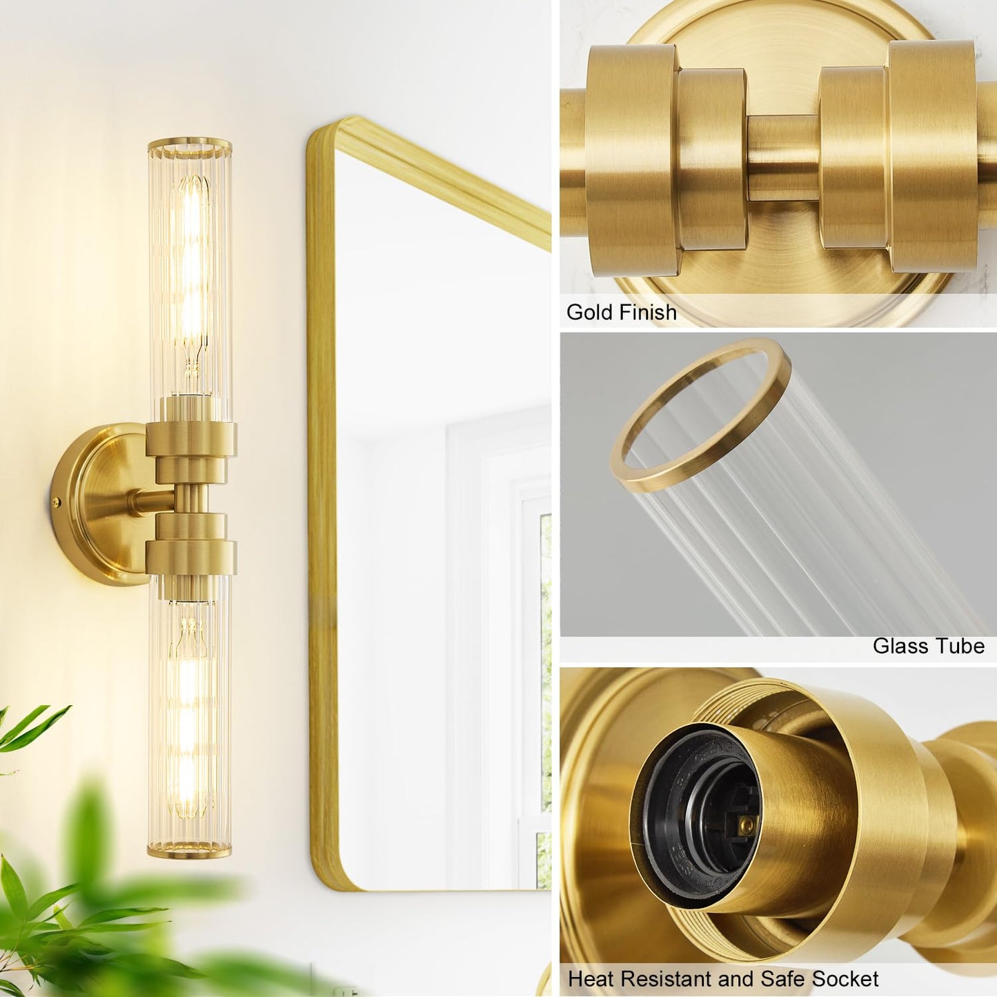 Vaziden Bathroom Light Fixtures  Gold Wall Sconce In Threaded Glass Indoor Vanity Lights  Modern Bathroom Vanity Light Up And Down Sconces Wall Lighting For Bathroom  Living Room - Bulb Not Included