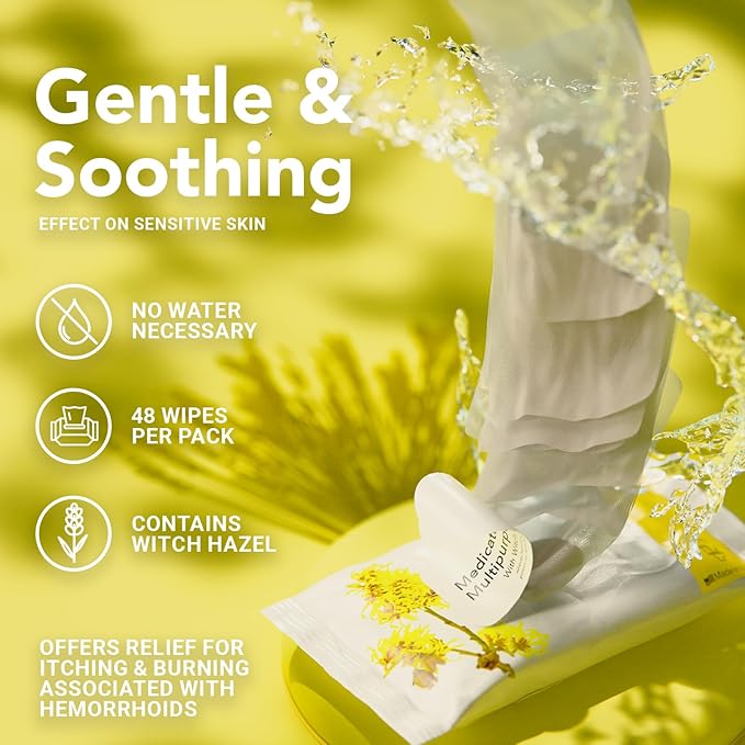 BIOPURE Witch Hazel Wipes - 144 Medicated Wipes with Aloe Vera, Soothing & Refreshing, Biodegradable & Fragrance Free, Perfect for Face, Intimate Area & Travel