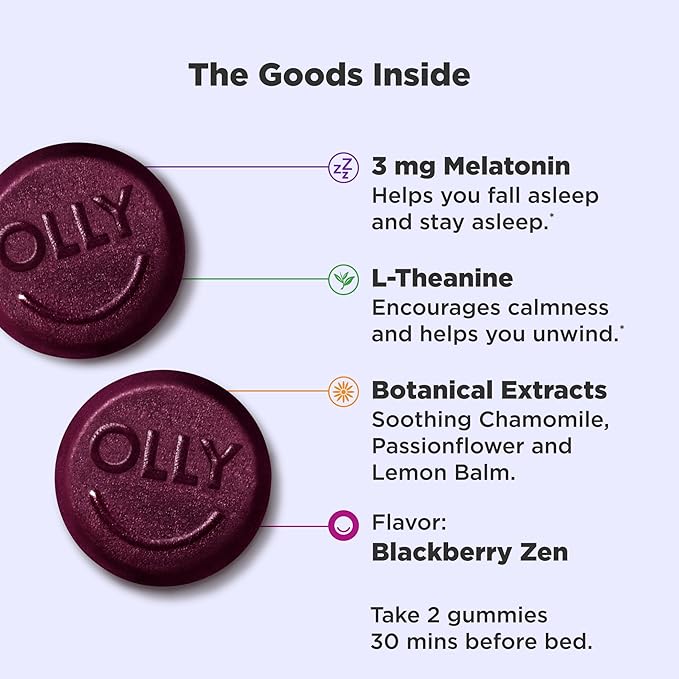 OLLY Sleep Gummies with Melatonin, L-Theanine and Botanicals, BlackBerry and Strawberry Flavors, 130 Count