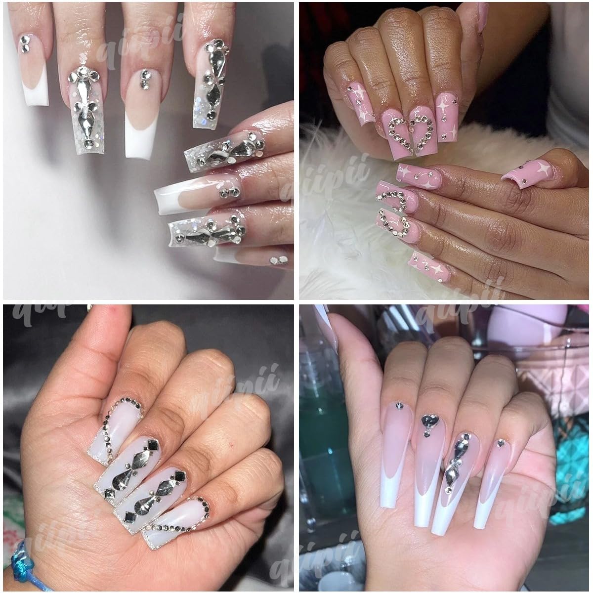 qiipii 3 Boxes Silver Clear Nail Rhinestones 240 Multi-Shapes Crystal White Big Gems Stones Flatback Round Beads Glass Crystals