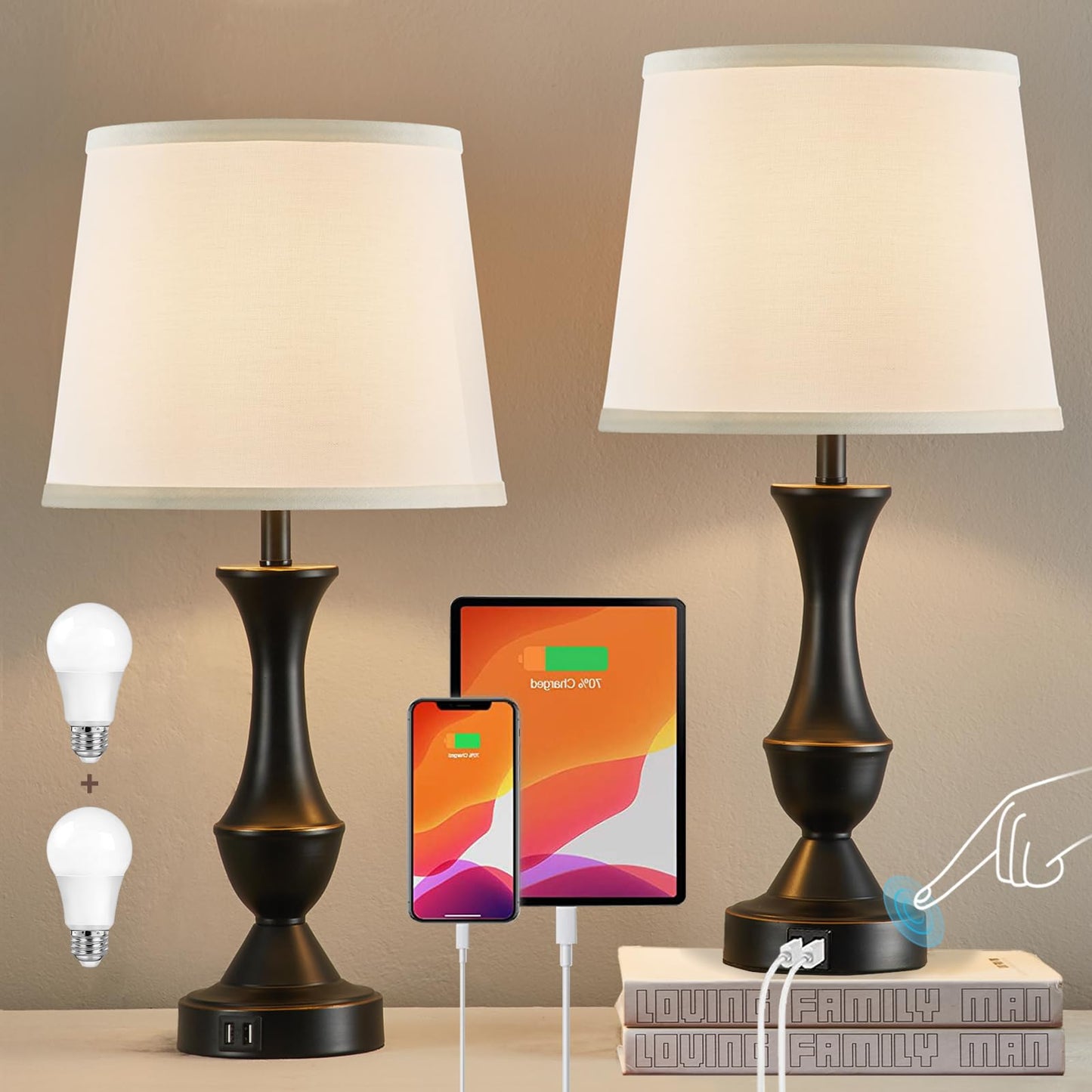 Luvkczc Touch Bedside Lamps Set of 2, 3-Way Dimmable, USB Ports, White Linen Shade, Model L-73008-07, Black/White Color