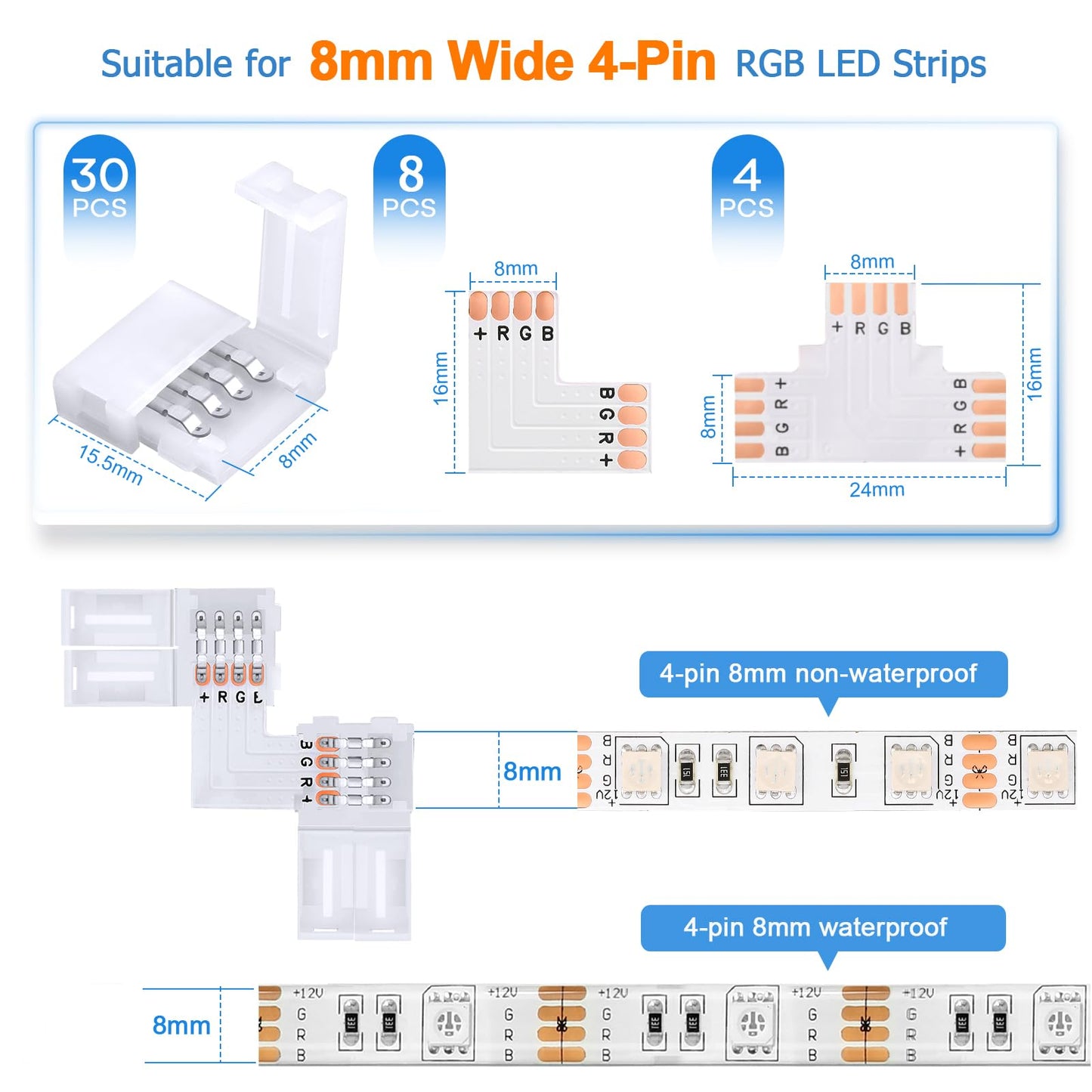 Pmxary 42Pcs 4 Pin Led Strip Connectors Kit For 8Mm Wide Rgb Led Strip Light  Includes 8 L-Shaped  4 T-Shaped  And 30 Solderless Led Light Connectors Clips  Easy For Diy Lighting Projects