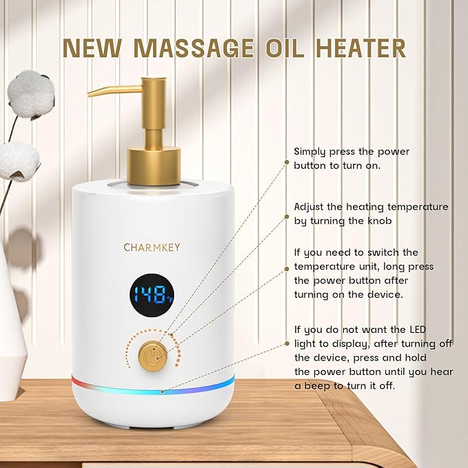 CHARMKEY Massage Oil Warmer White, 2 Oil Bottle Dispensers & 2 Silicone Funnels, Digital Heater for SPA, Oil Lotion Cream for Salon, Barber Shops, Home