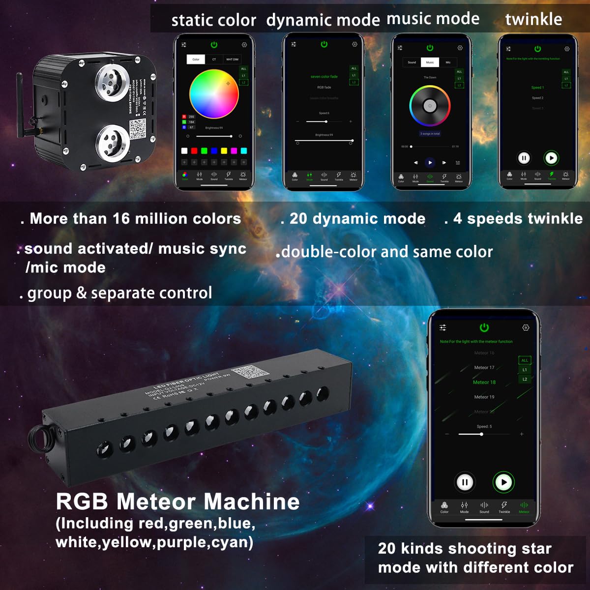 AZIMOM Twinkle Fiber Optic Starlight Kits, 2000pcs 0.03in 16.4ft, RGB Meteor Shooting Star, Sound Activated, Black