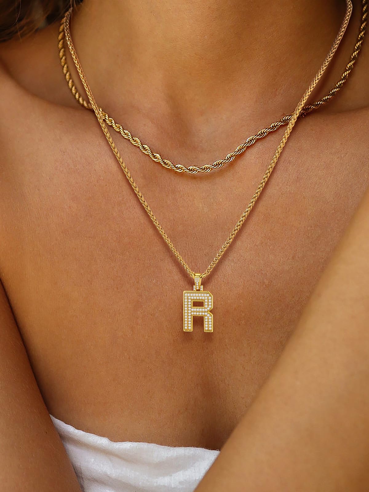 U7 Gold R Necklace Men 18K Gold Plated Chain Bling Hip Hop Costume Jewelry Full CZ Iced Letter Pendant Initial Necklace