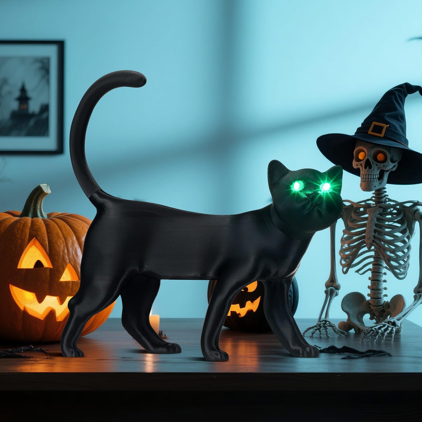 Retisee 2 Pcs Halloween Black Cat Decoration Yard Signs With Green Glowing Eyes 12 Inch Creepy Cat Figurine Animated Light For Indoor Outdoor Halloween Party Decoration Table Centerpieces Spooky Gift