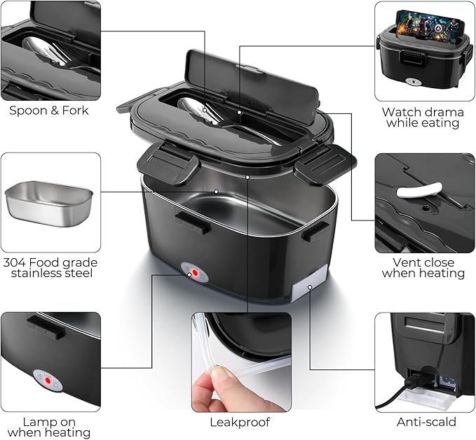 Electric Lunch Box for Adults 100W Fast Heated Lunch Box for Men Women with Dual 1.5L Stainless Steel Containers Fast Heating Portable Food Warmer 12V/24V/110V Lunch box, Home/Car/Office/Truck