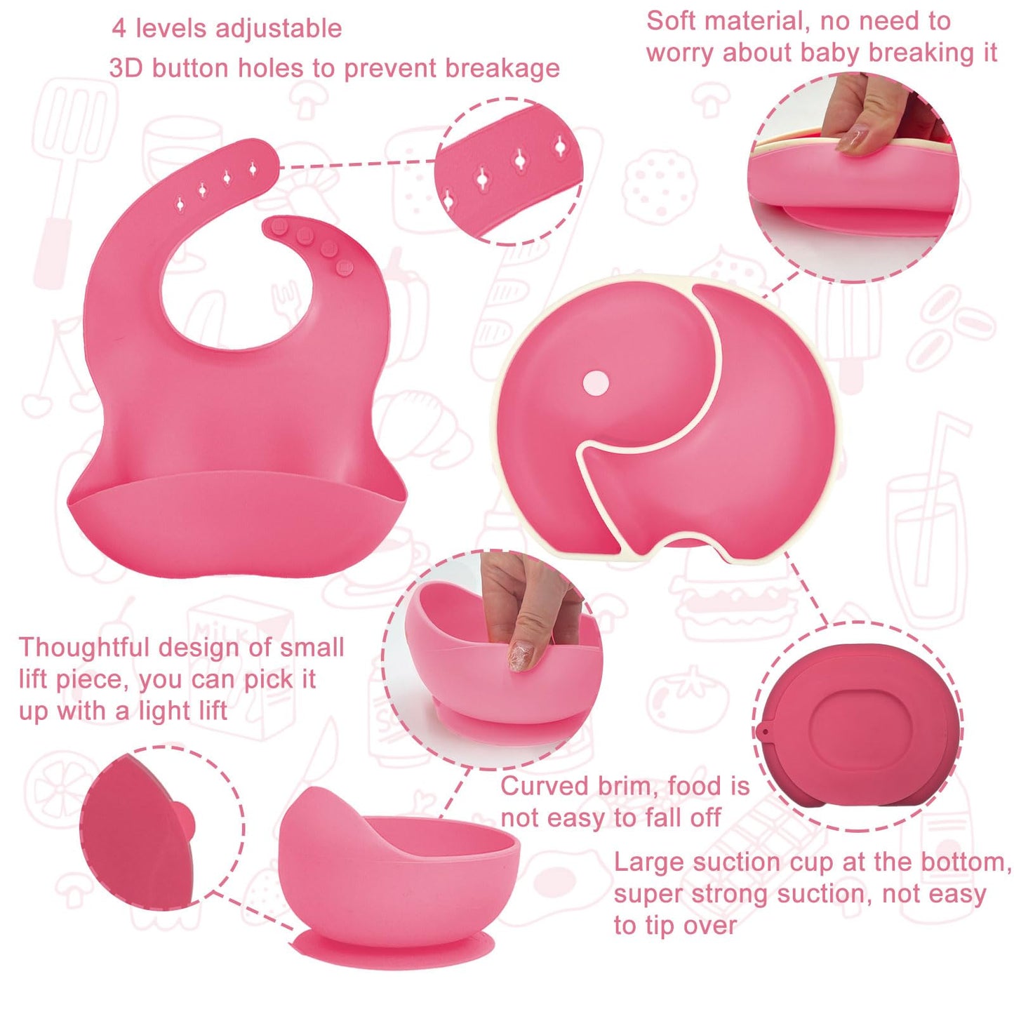 ARCASA Silicone Feeding Set, 9 Pcs Plates and Utensils, Includes Placemat, Suction Plate, Bowl, Adjustable Bib, Sippy Cup, Fork, Spoon for Babies 6+ Months (Pink)