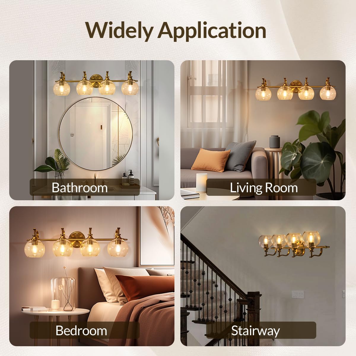 Andy Star Brass Vanity Light  Gold Bathroom Light Fixtures 4 Lights  27.8 Inch Vintage Bathroom Sconces  Brushed Brass Vanity Lighting With Globe Clear Glass Shade  E26 Base (Bulbs Not Included)