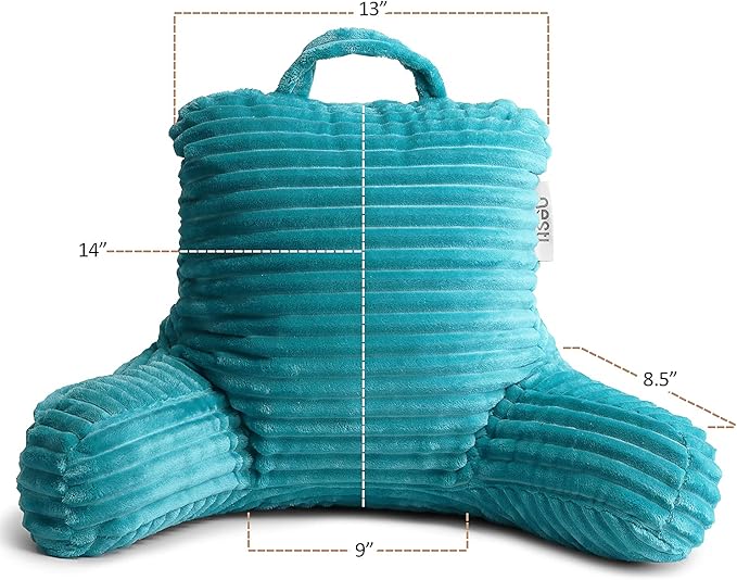 Nestl Reading Pillow with Portable Lap Desk Stand for Laptop 19x11”, Cut Plush Striped Back Pillow, Back Support Pillow, Shredded Memory Foam Bed Rest Pillow with Arms for Kids & Teens, Small - Teal