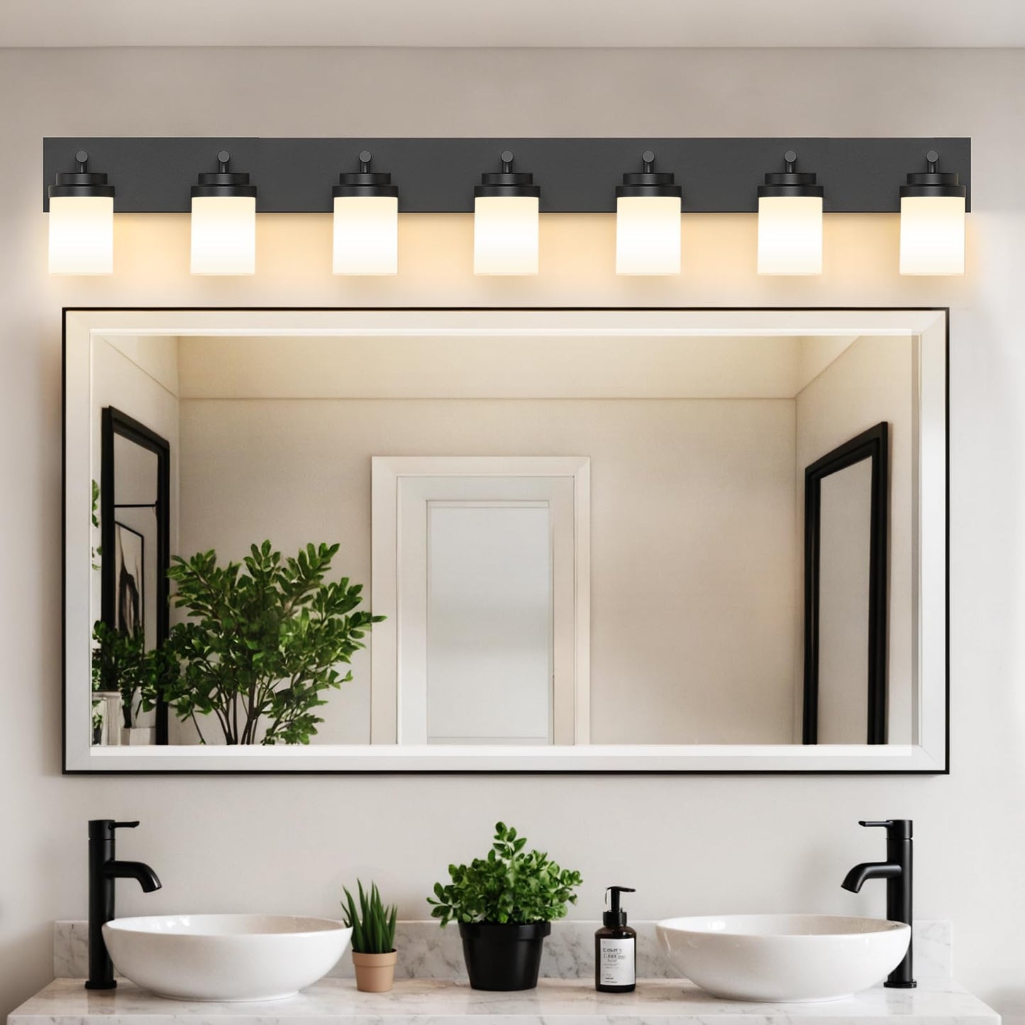 Izorro Bathroom Vanity Light Fixture  7-Light 51 Inch Matte Black Bathroom Light Fixtures Over Mirror  With White Glass Shade  Modern Farmhouse Vanity Lights  Rustic Restroom Lighting Fixtures