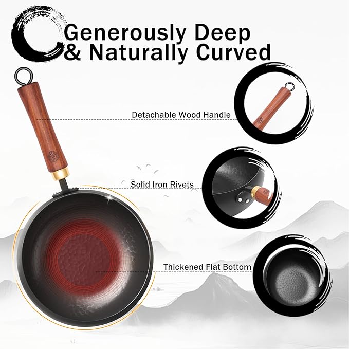 WANGYUANJI 9.5-Inch Iron Wok Pan with Lid & Spatula, Deep Flat-Bottom Stir Fry, Uncoated & Unseasoned, Induction Compatible, Upgraded Wooden Handle