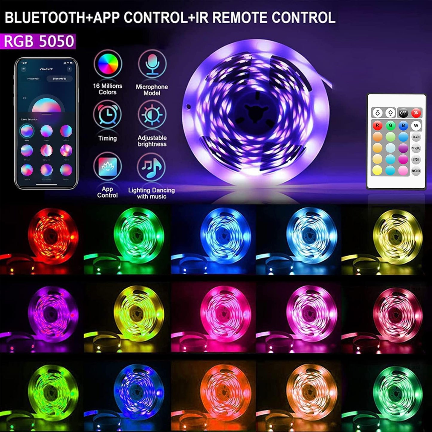 CHARKEE Bluetooth LED Strip Lights, 25ft, Multicolor, SMD 5050, Remote & App Control, Model SCH55NW2251PB
