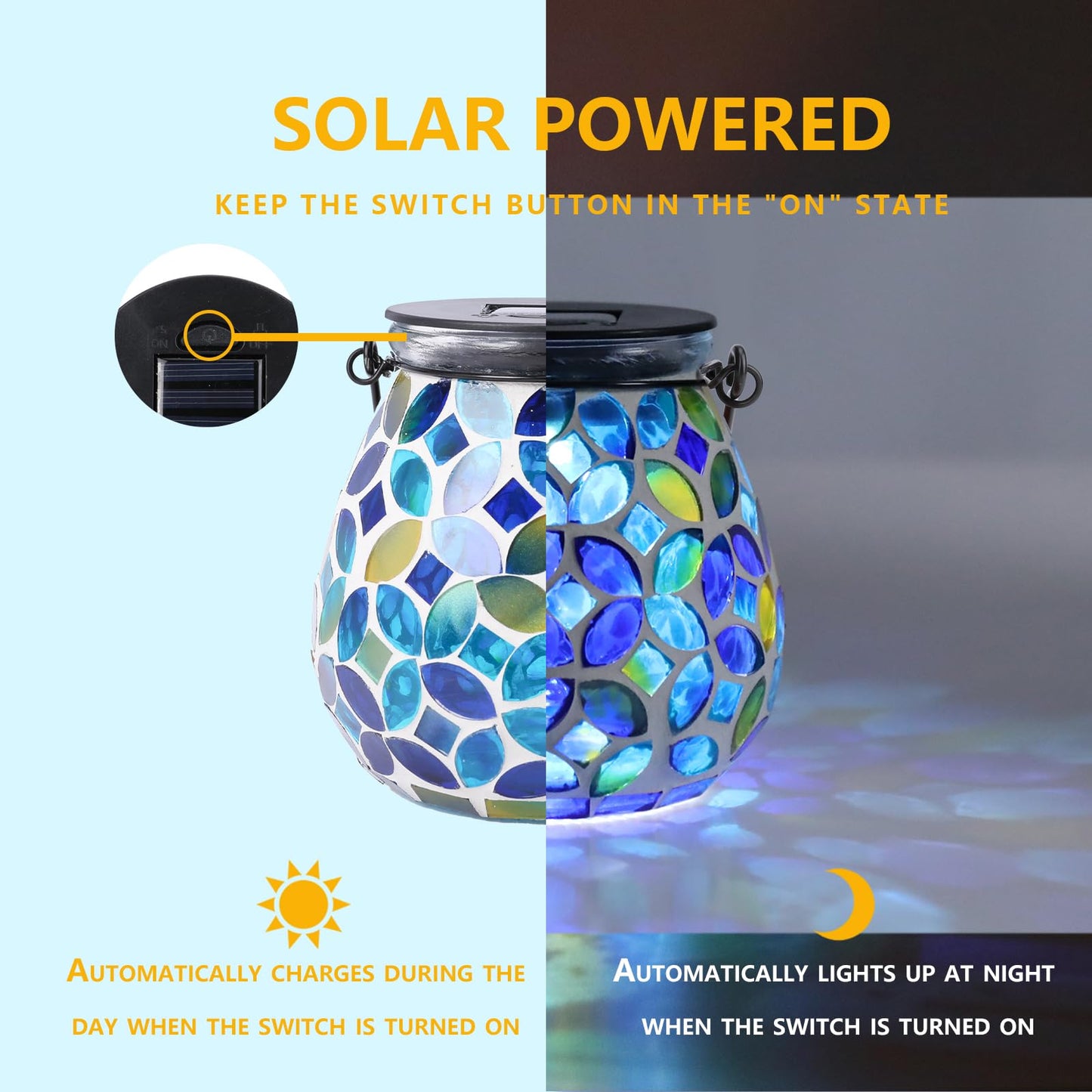 Afirst Mosaic Solar Lantern - Glass Hanging Light, Waterproof Table Lamp for Outdoor Garden, Patio, Holiday Party, Model 5033540B, Color Coins