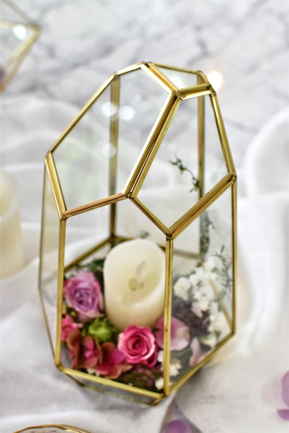 NCYP Geometric Glass Terrarium - Irregular Brass Planter Pot for Succulent Air Plants - Home Fairy Garden Decor - 6.5x5.7x9.8 Inches, Gold (No Plants, NO Door)