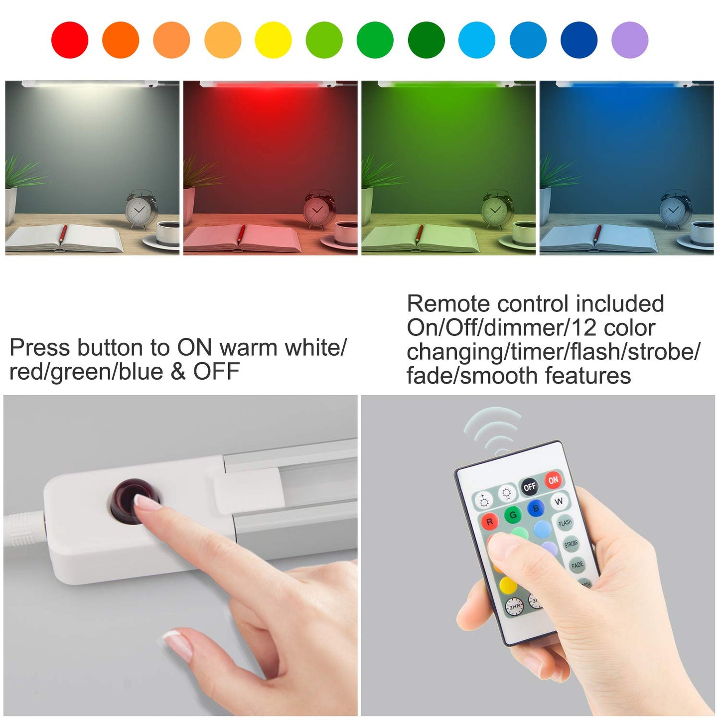 Luxsway Led Rgb Strip Light, 18 Inch Color Changing Under Cabinet Lighting, Remote Control, Plastic, Model Dy103Ir-12C