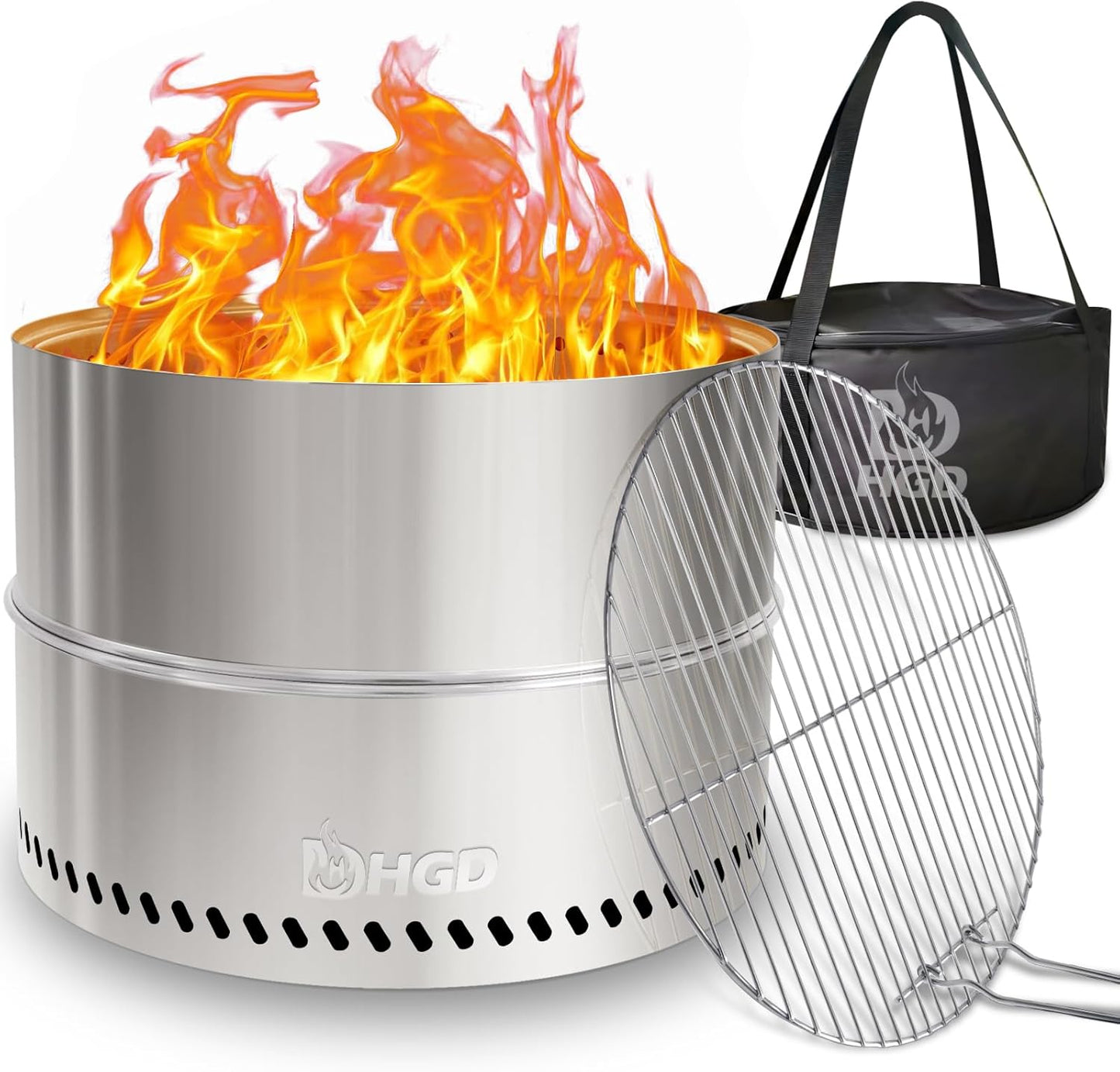 HGD 20 Inch Smokeless Firepit with Grill, Portable Wood Burning Fire Pit for Camping & Backyard, Stainless Steel Outdoor Fireplace with Travel Bag, Easy Setup & Compact Storage - Foldable Design