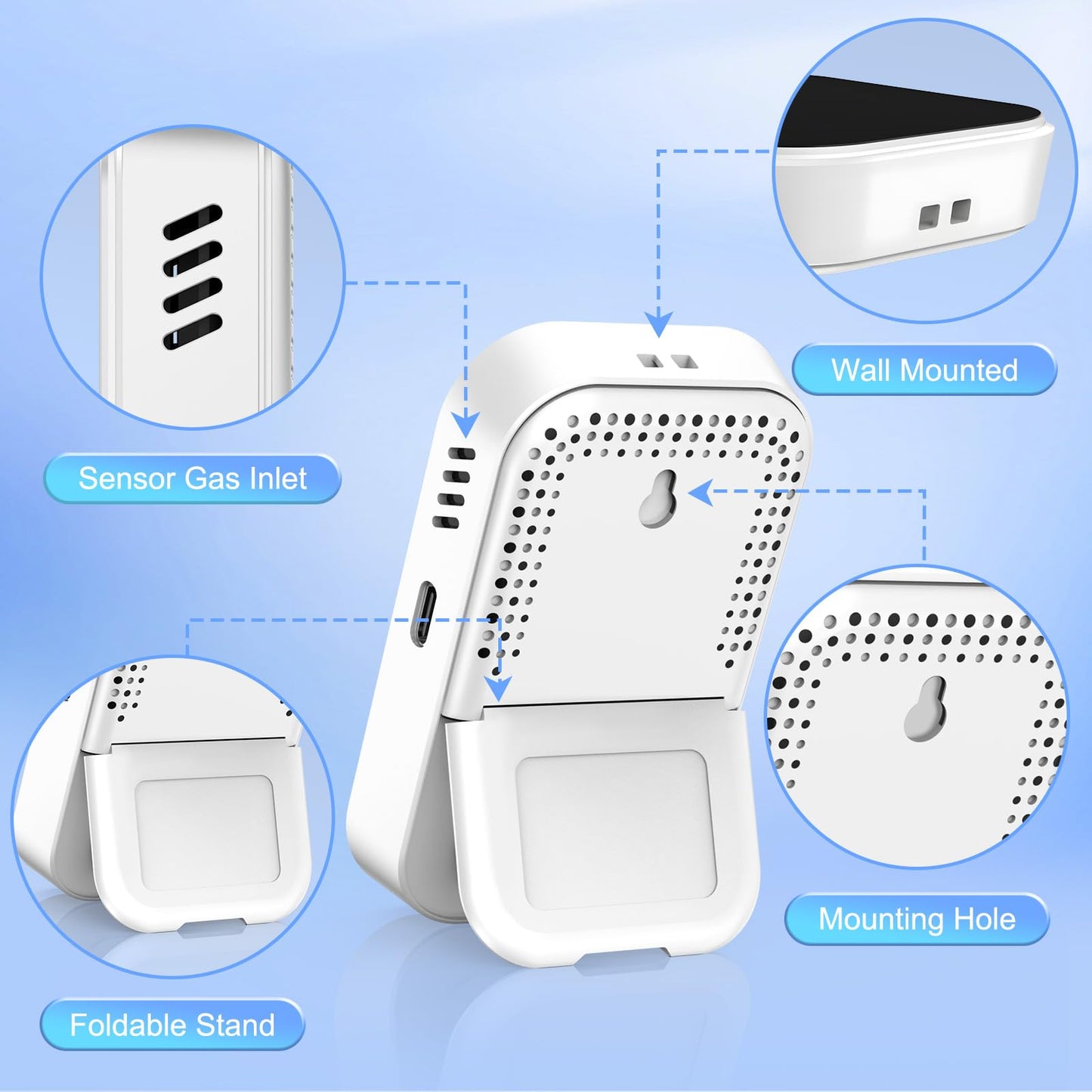 Portable Carbon Monoxide Detectors, 3-in-1 CO Detector – Mini CO, Temp & Humidity Sensor with 85 dB Alarm, Fold-Out Kickstand & Lanyard, Ultra-Low-Power Plug-Free Safety for Home, RV, Camp or Hotel