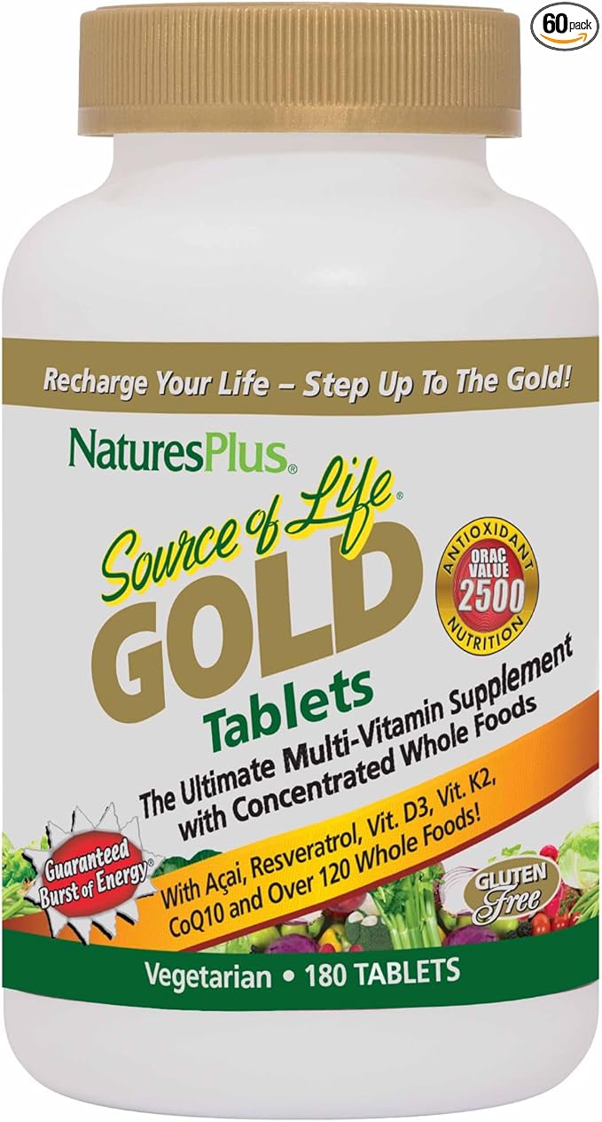 Natures Plus Source of Life Gold Multivitamin - 180 Tablets - Blood Support, Bone Support, Healthy Immune System - Includes Vitamins D3, B12, K2 & Over 120 Whole Food Nutrients - 60 Servings