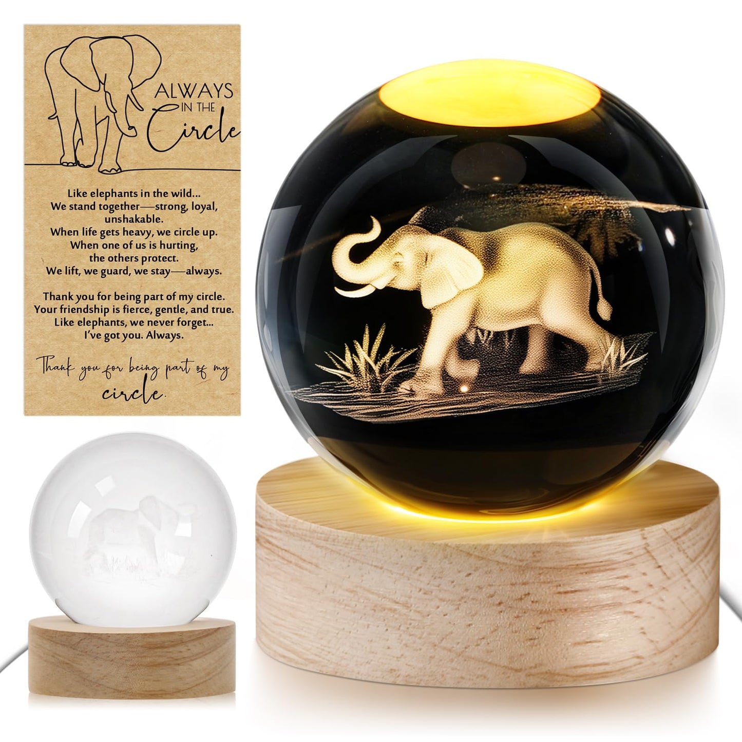 Jetec 2 Sets Thanksgiving Elephant Crystal Ball Night Lamp 3D Elephant Friendsgiving Gift  Light With Wood Base Friendship Card Best Friend Decor Gift For Long Distance Bff Women Christmas Birthday