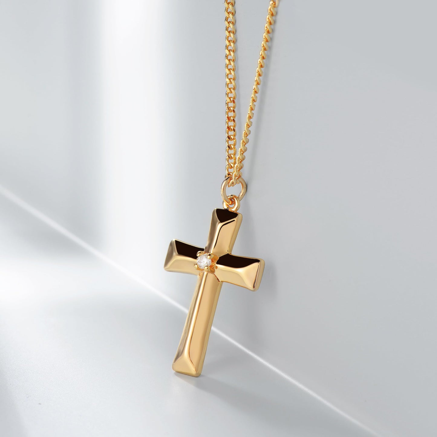 Fettero 14K Gold Plated Cross Necklace, Cross Faith Stereoscopic Pendant Dainty Chain Simple Tiny Zircon Jewelry Gift for Women