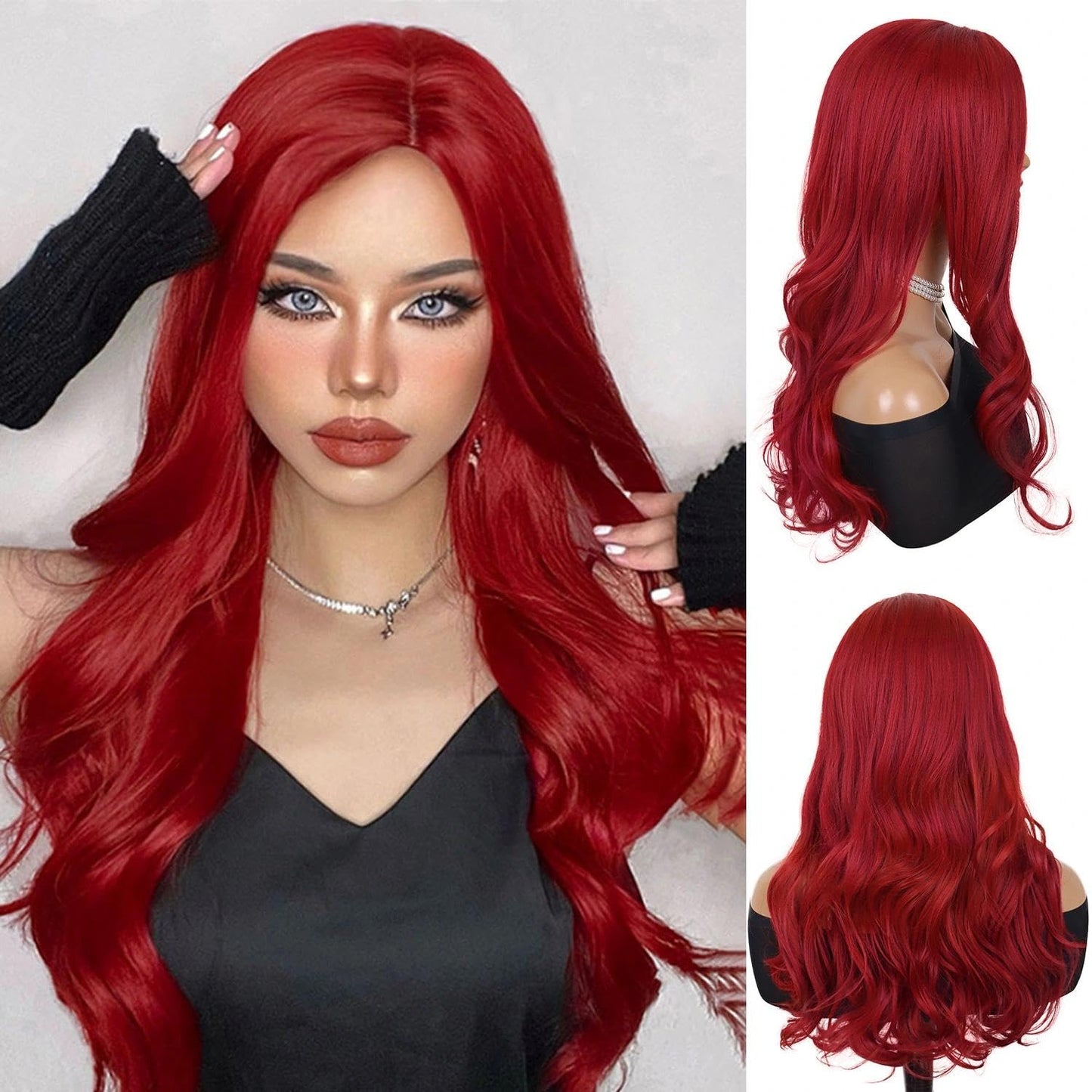 GNIMEGIL 23 Inch Gorgeous Long Curly Wig in Vivid Red Cosplay Poison Ivy Ariel Wig with Bangs Synthetic Body Wave Wigs for Women