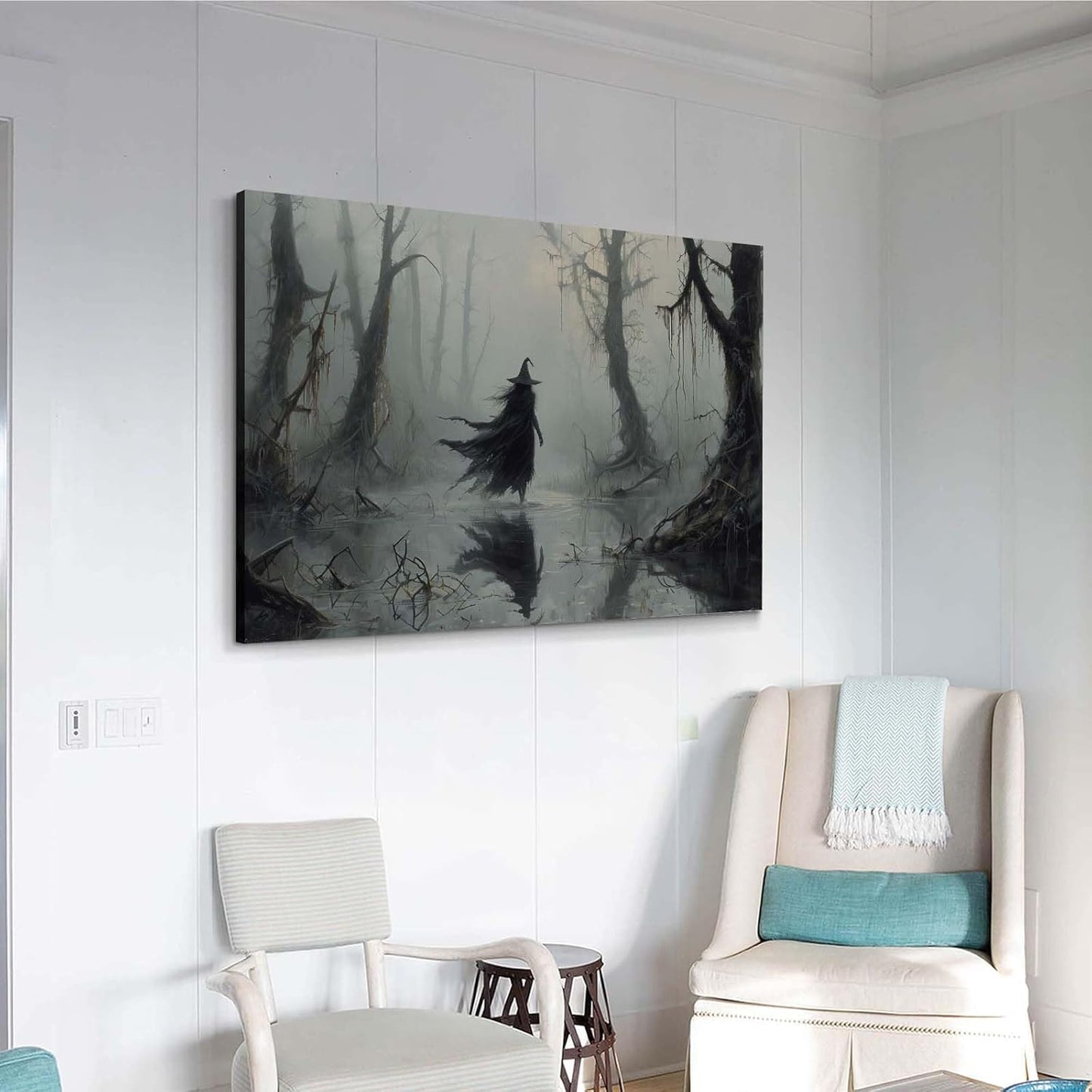 JFHCQJPK Vintage rustic swamp witch poster dark moody wall art gothic horror season halloween print for home decor retro dark moody painting32x48in Frameless