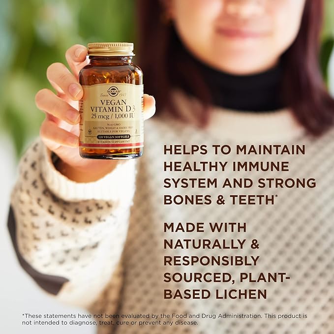 SOLGAR Vegan Vitamin D3 (Cholecalciferol) 25 mcg (1,000 IU) - 120 Softgels - Immune Support, Helps Maintain Healthy Bones & Teeth - Non-GMO, Certified Vegan, Gluten & Dairy Free - 120 Servings