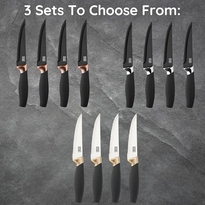 Steak Knives Set of 4 - Brooklyn by Taylors Eye Witness. Serrated black ceramic-coated blade with chrome-plated bolster. Corrosion-Free, Easy Clean Ceramic Coating. Soft Grip Handle. 2 Year Guarantee