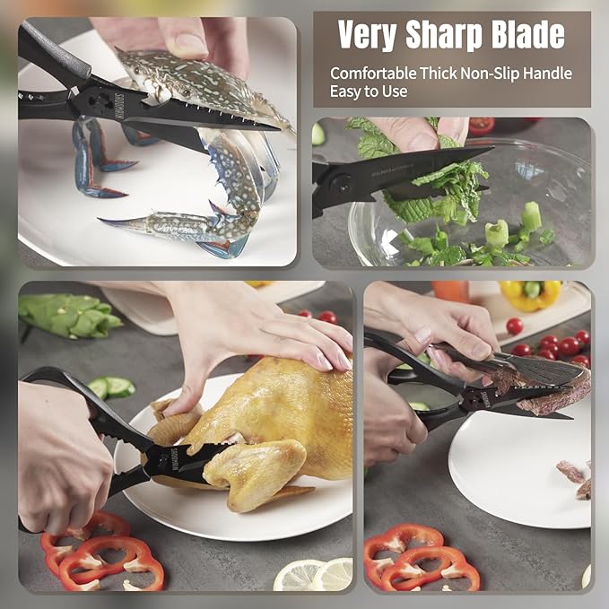Kitchen Scissors All Purpose, Extra Sharp Kitchen Shears with Knife Sharpener & Sheath, Solid & Durable Stainless Steel Scissors with ANTI-RUST Black Titanium Plated, Dishwasher Safe - Blue