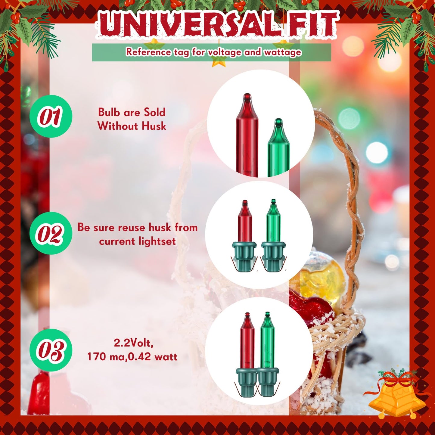 Mudder 50 Pcs Replacement Mini Light Bulbs Christmas Tree 2.5 V Incandescent Glass String Light Bulbs With Base Indoor Outdoor Xmas Decoration  0.17 Ampere  0.425 Watt (Red Green)