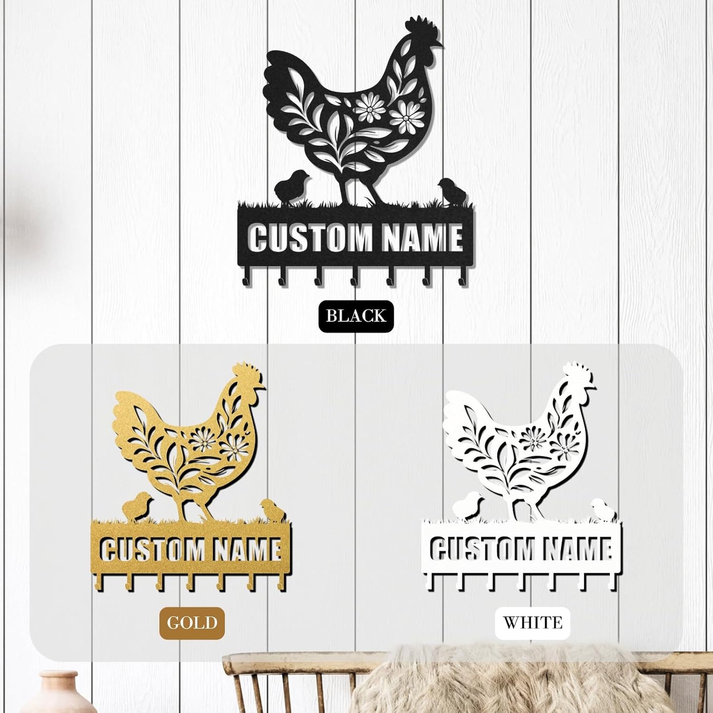 Personalized Key Holder for Wall, Custom Metal Chicken Key Hooks with Name, Meta Jacket Holder Hooks Organizer Rack, Jacket Hanger Decor for Kitchen, Entryway, Hallway, Office, Doorway