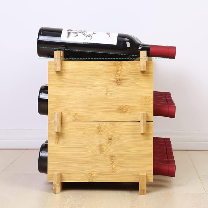 Finnhomy Wine Rack 27-Bottle 3-Tier Natural Bamboo Display Wine Storage Shelves Stackable Wine Bottle Holder