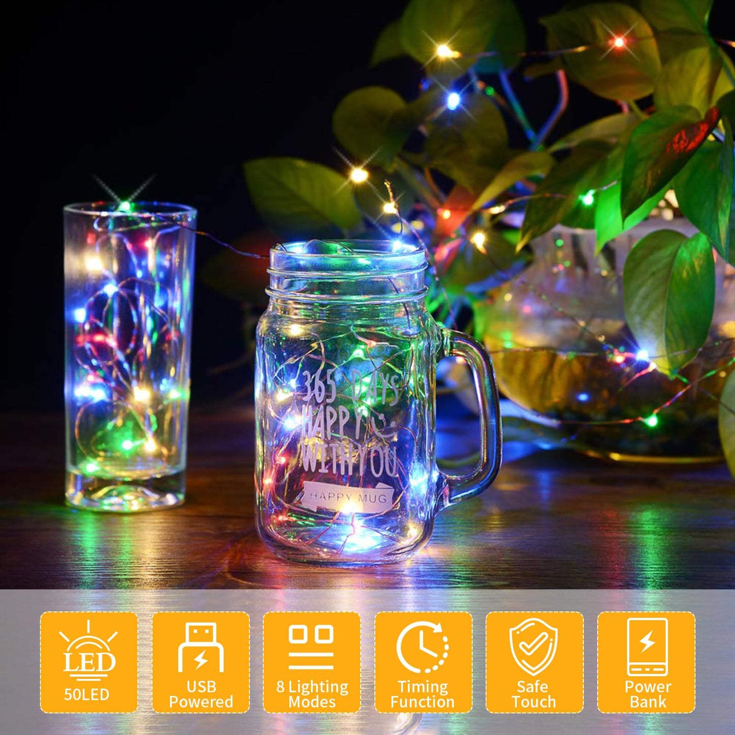 FWYWNL USB Fairy Light, Colorful 16ft 50 LED String Lights, Remote Control, Waterproof, 1 Pac