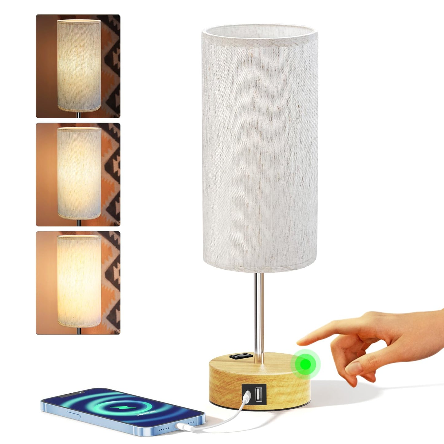 KPQ Touch Control Table Lamp with USB Charging Ports, 3-Way Dimmable, 14in Small Size, Grey Shade-Silver Base