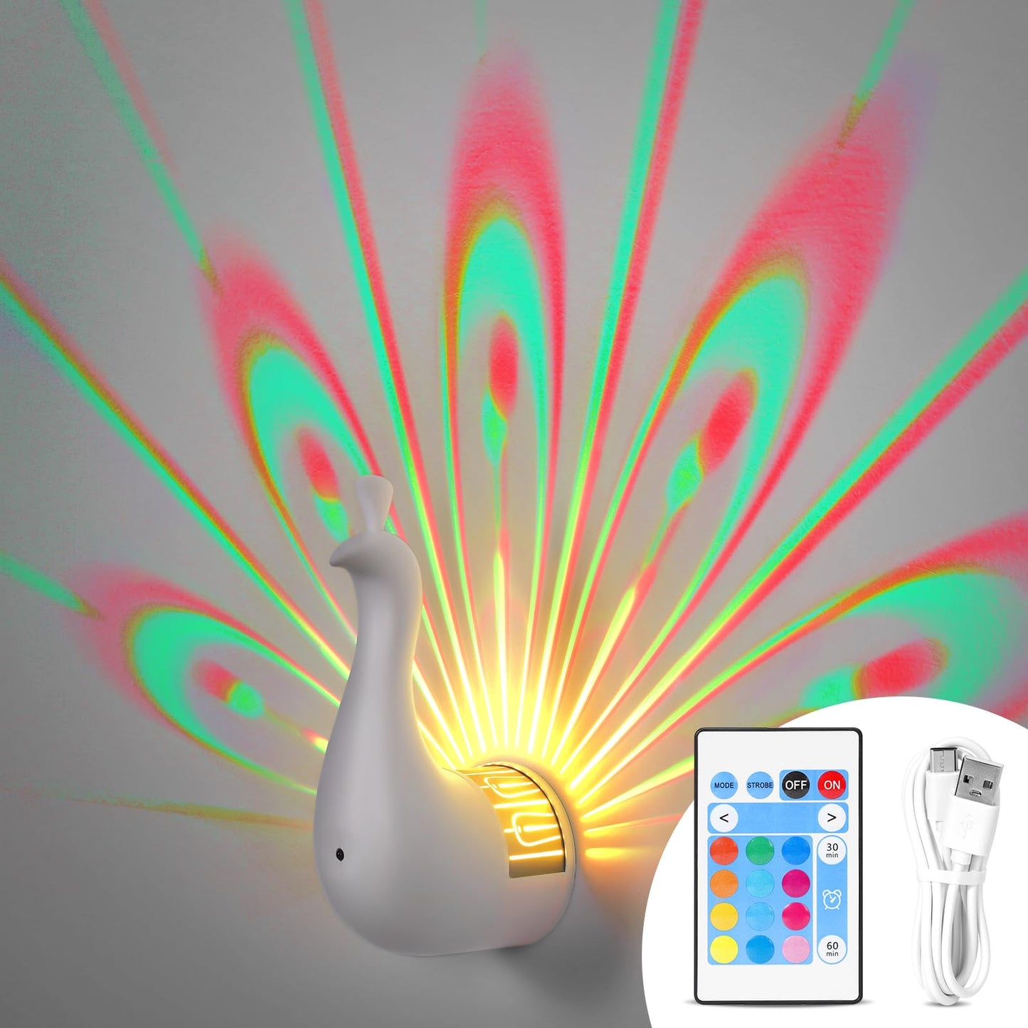 BomKra Peacock Wall Lamp, Dimmable Touch Light with Remote, 7 Colors, Plastic, White, Model ChainrinCC