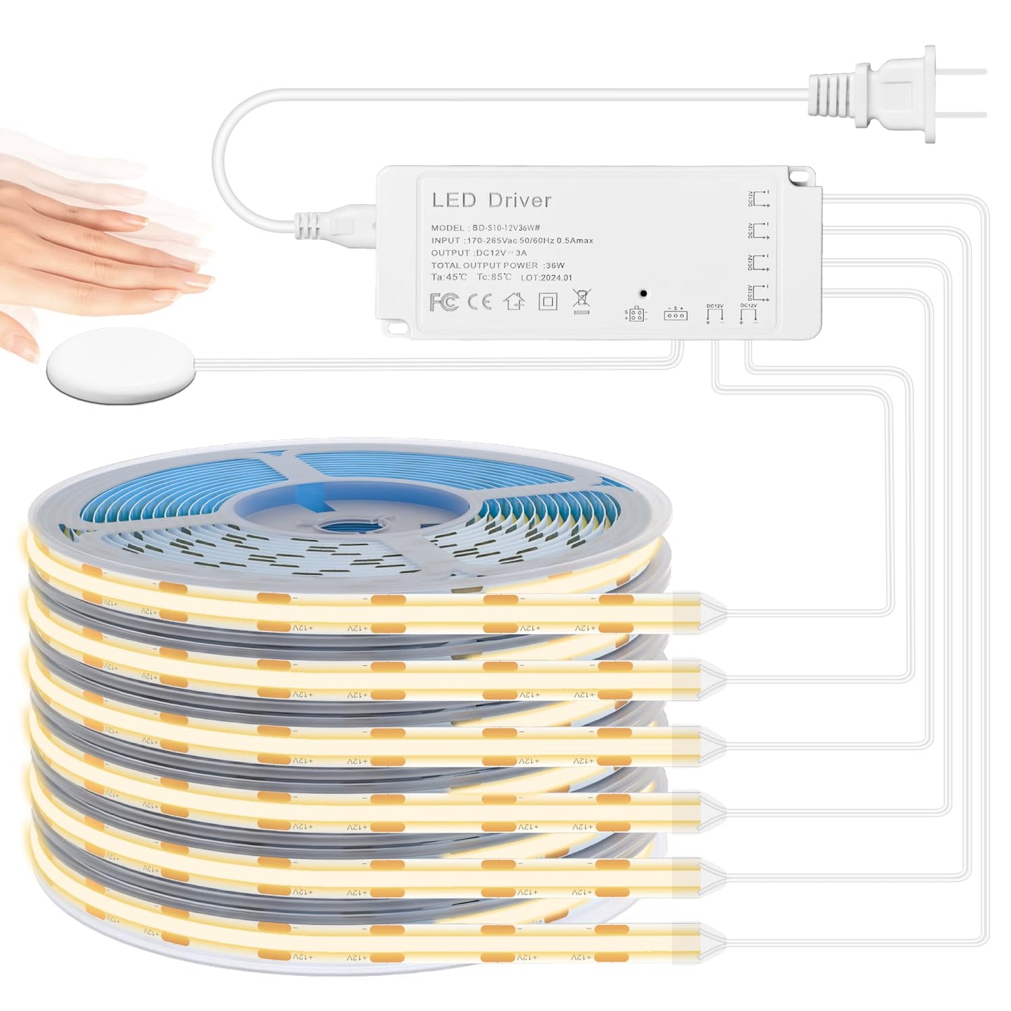 Lichaser 3.28Ft Cob Led Strip Light  6 Rolls Of 3000K Flexible Cob Led For Acoustic Panel And Wood Slat Wall Panels Parallel With Dimmable Touch Sensor Switch  Cuttable For Wood Slat Lighting  Shelf