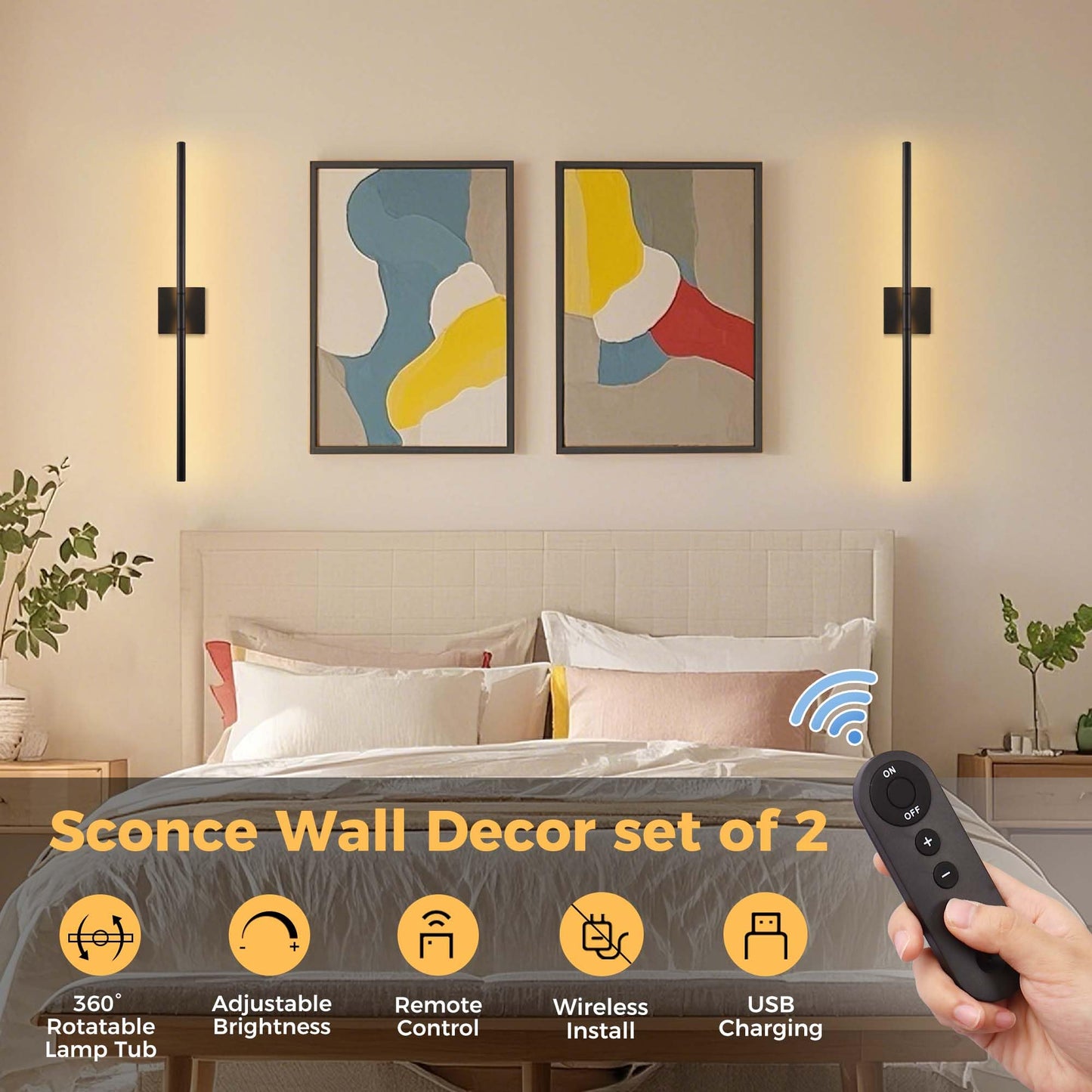 DORESshop Battery Operated Wall Sconces Set of 2, Dimmable, Black, 29 Inch, Metal, Wireless Rechargeable Lights for Bedroom, Living Room