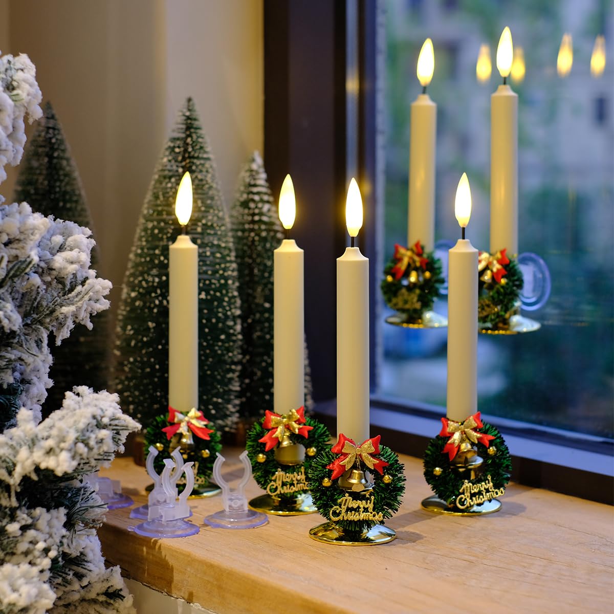 NONNO & ZGF 6 Pack Flameless 8.7'' Window Candles +6 Wreath(with Bows/Bells)+12 AA Batteries(Include)+ 6 Suction Cups+ 6 Golden Candleholders. Battery Powered Ivory Taper Candle with Remote and Timer