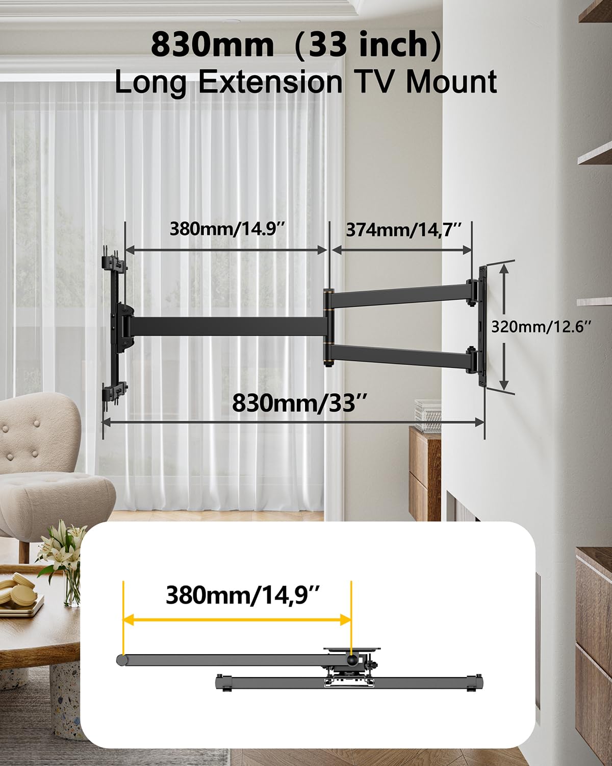 FORGING MOUNT Corner TV Mount Long Arm TV Wall Mount Bracket for 27-70" Screen-Full Motion Wall Mount with 33” Extension Swivel Articulating Arm & Tilt,Single Stud Design VESA 400x400mm, Holds 100 lbs