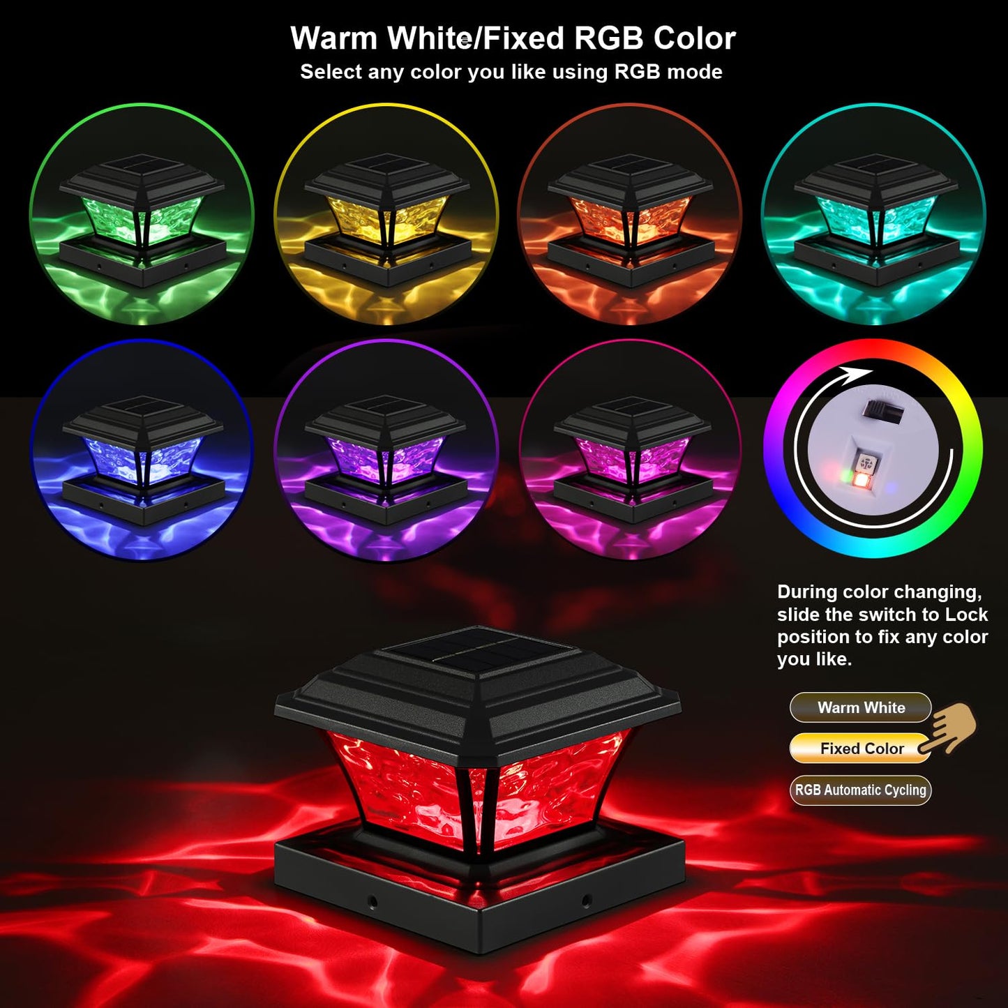AEFRELEOHT Solar Post Cap Lights, 20 Lumens, RGB & Warm White, 12 Pack, Black, Model SL1880, IP65 Waterproof, Fits 3.5