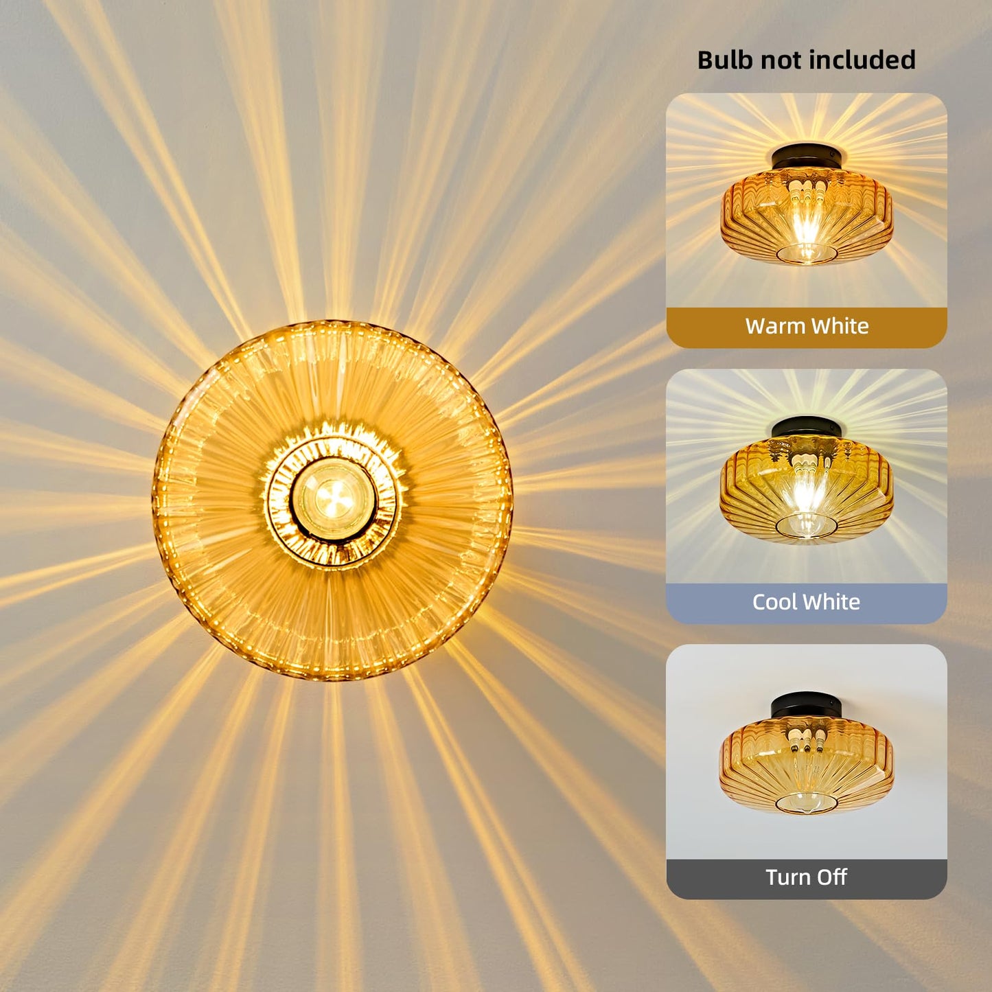 Glass Semi Flush Ceiling Lights - 12 In Vintage Mid Century Modern Lighting Fixture - Drum Unique Art Deco Amber Mount Light Fixtures For Hallway Entry Way Hall Kitchen Dining Laundry Room Foyer Porch