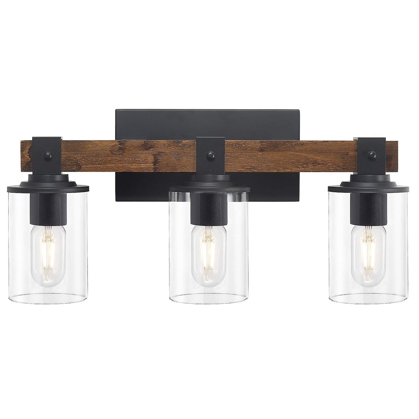 DUJAHMLAND Farmhouse Vanity Light Fixture, 3-Light Rustic Sconce, Antique Wood, Glass Shade, Model B01