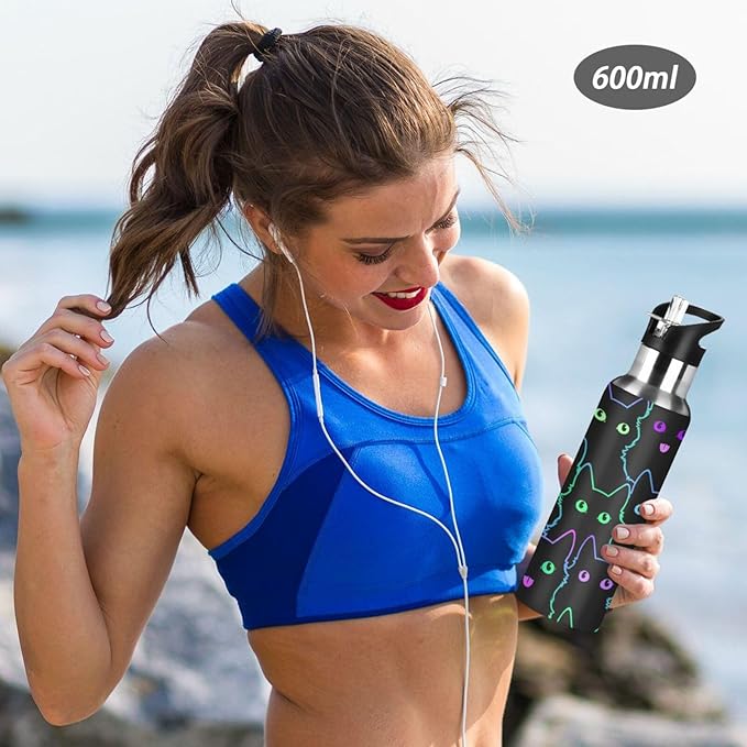 senya 20 Oz Water Bottle with Straw Colorful Neon Cat Stainless Steel Water Bottle for Traveling Sports Leakproof Insulated Water Bottle