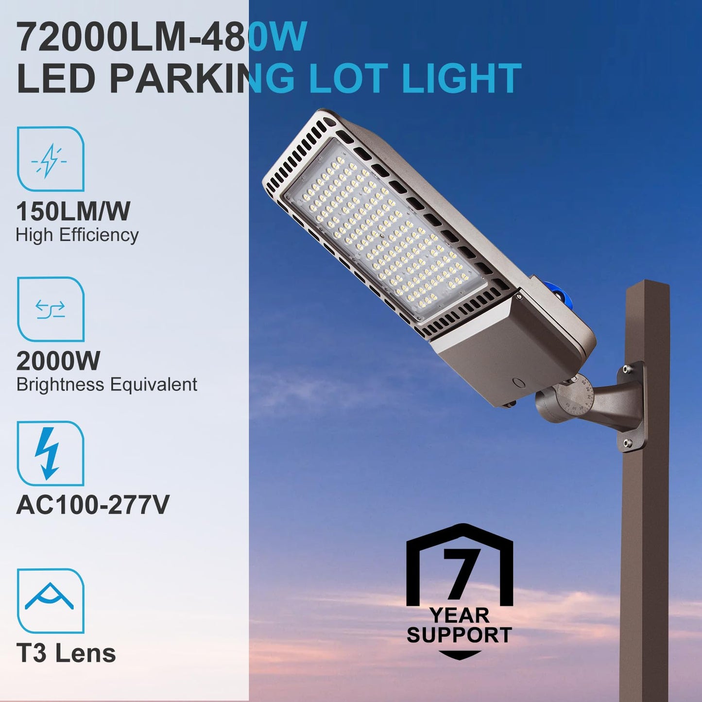 2Pack 480W(486X1W Led) Led Parking Lot Lights 72000Lm (150Lm/W) 5000K Etl Listed Led Parking Lot Lighting With Smart Photocell & Arm Mount (Coverage: 66~130Ft At Height:30~60Ft) 7Yrs Warranty