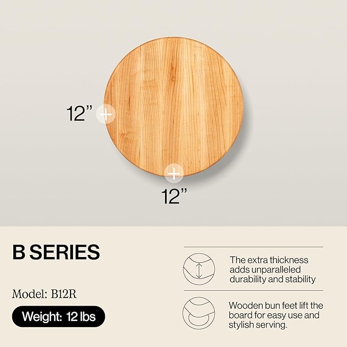 John Boos B Series Round Wooden Maple Cutting Board 12”x12” – 1.5” Thick, 12-lb Non-Reversible Butcher Block with Wood Bun Feet & Edge-Grain