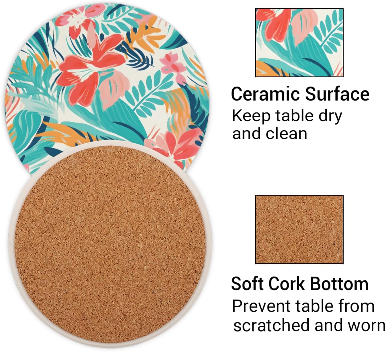 Ceramic Coasters for Drinks with Cork Back, Colorful Tropical Print 4 Inch Absorbent Coaster Set 1 Pack, Quick Dry Non-Slip Coaster Mats for Home, Office, Bar