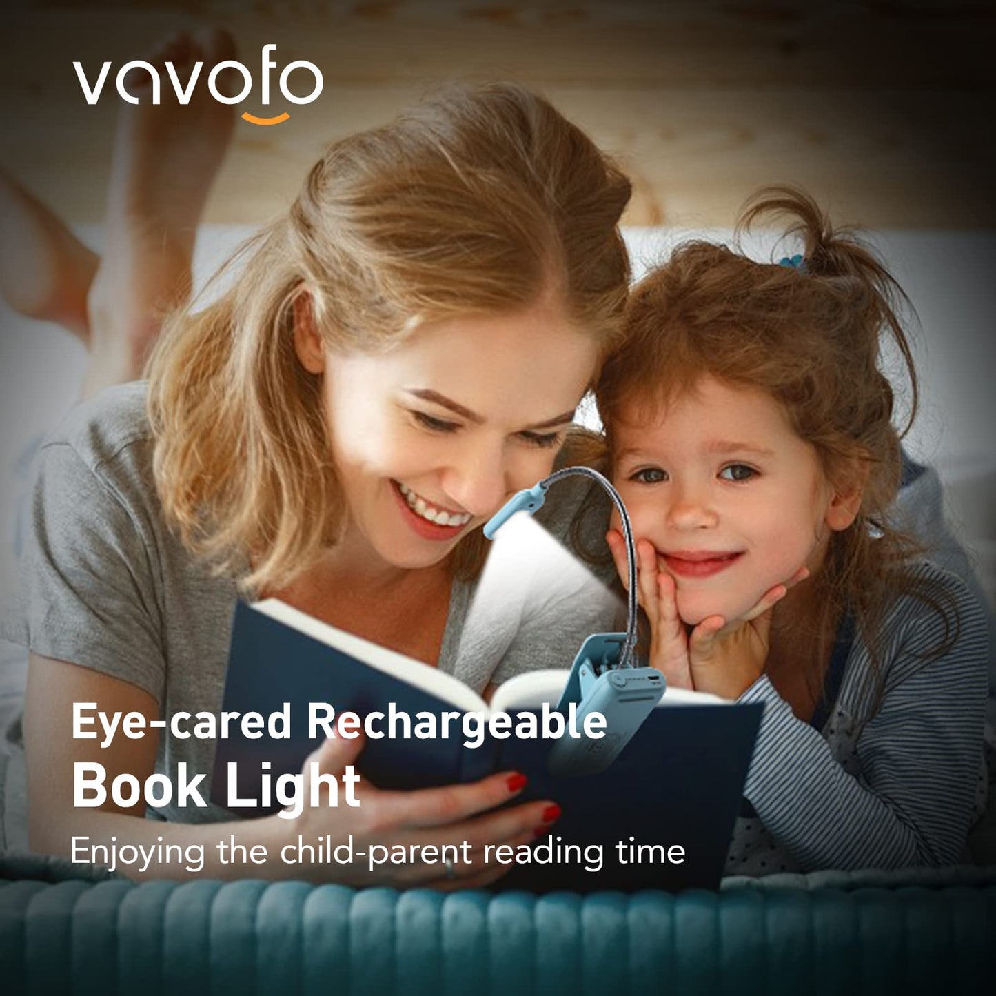 VAVOFO Rechargeable Book Light, Amber 1600K, 7 LEDs, Clip-On, 1-Pack Mint Blue, Model KM-6720A