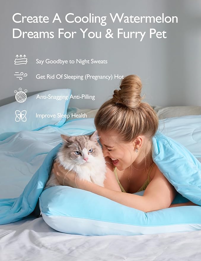 Momcozy Life CoolMurm Cooling Comforter for Hot Sleepers, Full/Queen 90"x90" Pregnancy Cooling Blanket, All-Season Lightweight Soft Breathable Cooling Quilt Duvet, Stay Cool All Night, Deep Light Blue